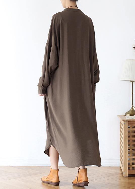 Organic v neck elastic waist cotton Long Shirts Neckline chocolate long Dress - bagstylebliss