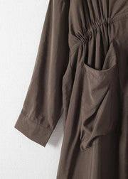 Organic v neck elastic waist cotton Long Shirts Neckline chocolate long Dress - bagstylebliss