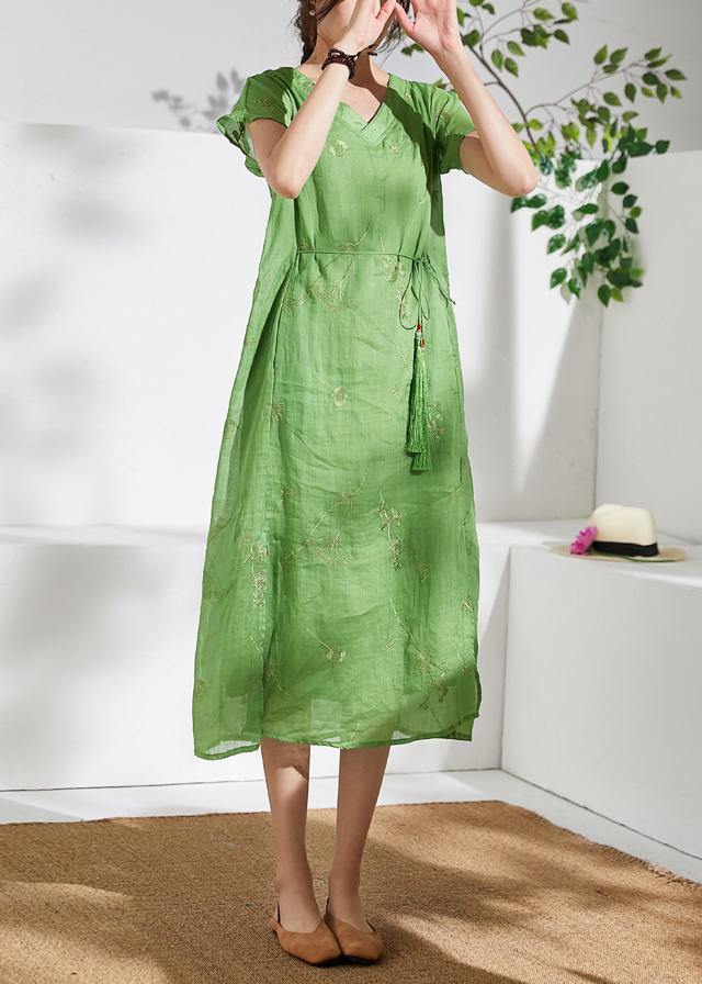 Organic v neck embroidery linen summer Robes Work green Dresses - bagstylebliss