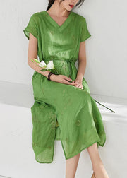 Organic v neck embroidery linen summer Robes Work green Dresses - bagstylebliss