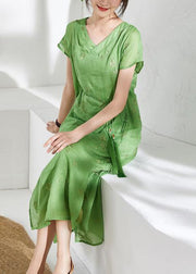 Organic v neck embroidery linen summer Robes Work green Dresses - bagstylebliss