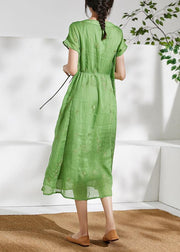 Organic v neck embroidery linen summer Robes Work green Dresses - bagstylebliss