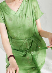 Organic v neck embroidery linen summer Robes Work green Dresses - bagstylebliss