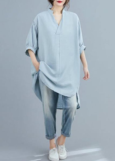 Organic v neck lantern sleeve summer blouses for women Sleeve light blue shirt - bagstylebliss