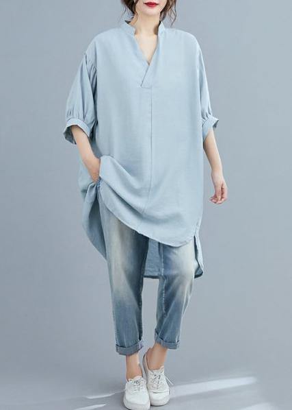 Organic v neck lantern sleeve summer blouses for women Sleeve light blue shirt - bagstylebliss