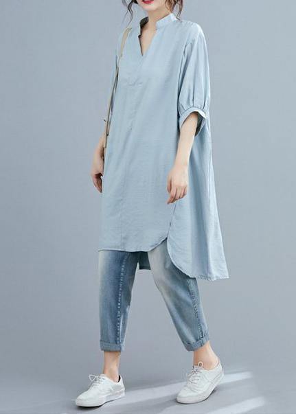 Organic v neck lantern sleeve summer blouses for women Sleeve light blue shirt - bagstylebliss