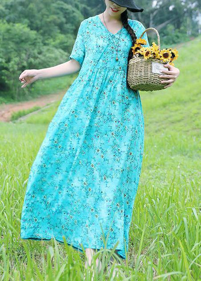 Organic v neck linen dress Sleeve light blue prints Dress summer - bagstylebliss