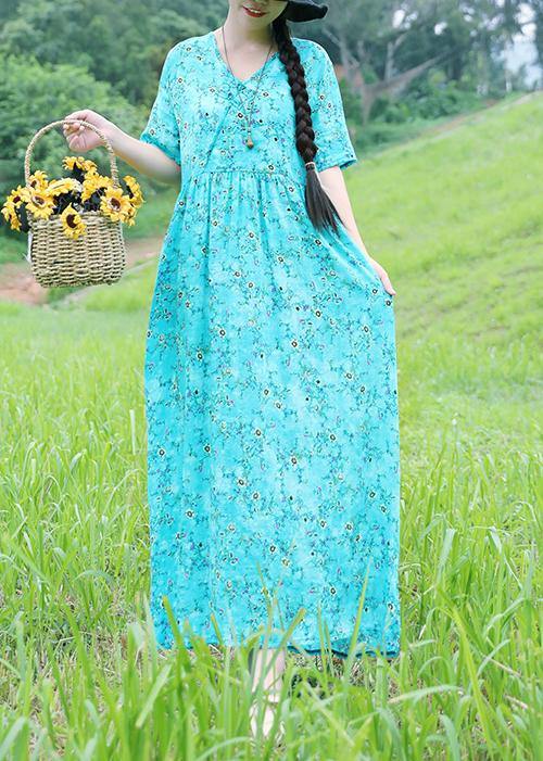 Organic v neck linen dress Sleeve light blue prints Dress summer - bagstylebliss