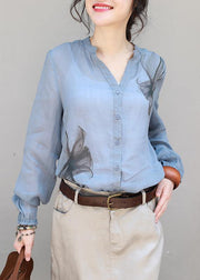 Organic v neck linen tops women blouses Sleeve blue print top - bagstylebliss