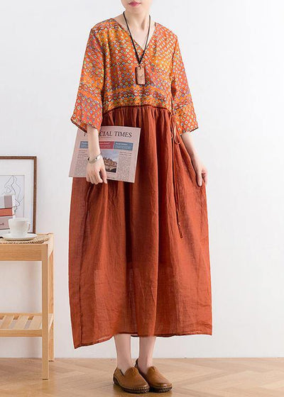 Organic v neck tie waist linen outfit Fabrics chocolate print Dresses - bagstylebliss