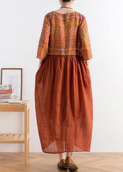 Organic v neck tie waist linen outfit Fabrics chocolate print Dresses - bagstylebliss