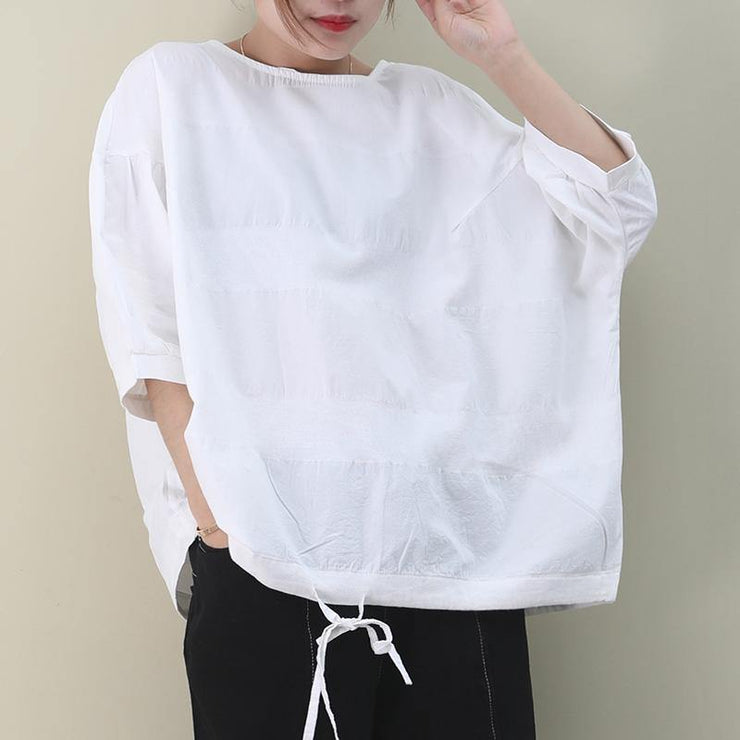 Organic white cotton clothes For Women o neck drawstring cotton summer shirts - bagstylebliss