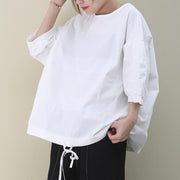 Organic white cotton clothes For Women o neck drawstring cotton summer shirts - bagstylebliss