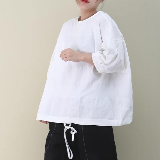 Organic white cotton clothes For Women o neck drawstring cotton summer shirts - bagstylebliss