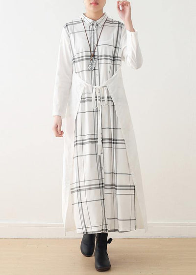 Organic white plaid cotton Long Shirts drawstring Art summer Dresses - bagstylebliss