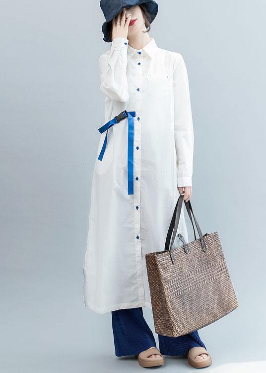 Organic white tie waist cotton Tunics side open Dresses fall shirt Dress - bagstylebliss