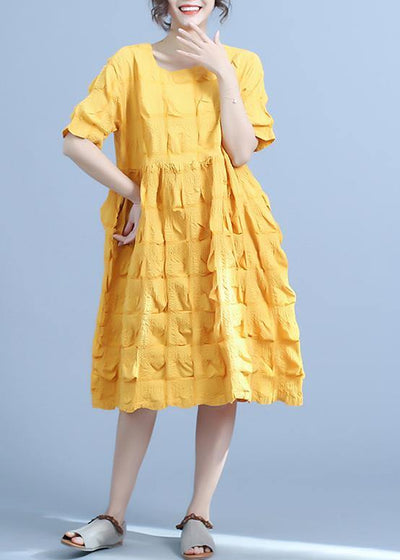 Organic yellow Women Casual Pleated cotton clothes Loose Short Sleeve Summer Dress - bagstylebliss