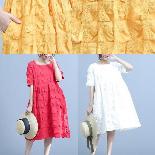 Organic yellow Women Casual Pleated cotton clothes Loose Short Sleeve Summer Dress - bagstylebliss