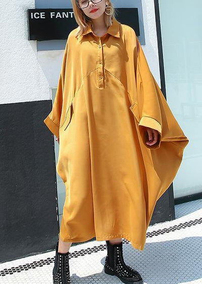 Organic yellow cotton dresses batwing sleeve cotton robes summer Dress - bagstylebliss