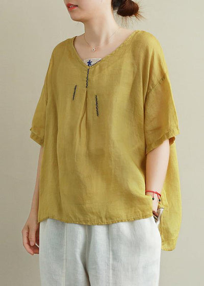 Organic yellow embroidery linen tops women v neck tops - bagstylebliss