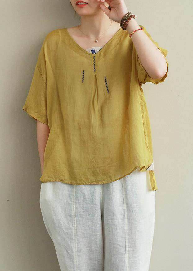 Organic yellow embroidery linen tops women v neck tops - bagstylebliss