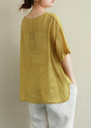 Organic yellow embroidery linen tops women v neck tops - bagstylebliss