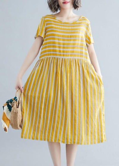 Organic yellow striped Cotton clothes o neck pockets tunic Dress - bagstylebliss