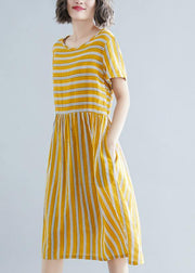 Organic yellow striped Cotton clothes o neck pockets tunic Dress - bagstylebliss