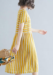 Organic yellow striped Cotton clothes o neck pockets tunic Dress - bagstylebliss