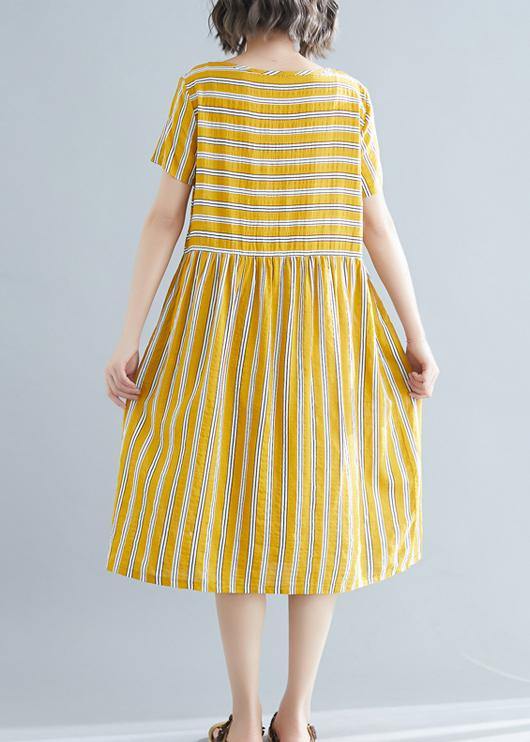 Organic yellow striped Cotton clothes o neck pockets tunic Dress - bagstylebliss