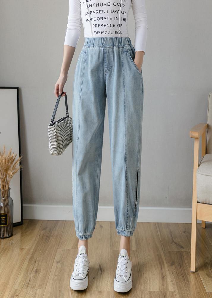 Organic Spring Casual Pants Slim Denim Blue Fashion Ideas Elastic Waist Pants - bagstylebliss