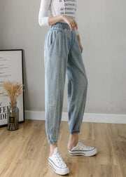 Organic Spring Casual Pants Slim Denim Blue Fashion Ideas Elastic Waist Pants - bagstylebliss