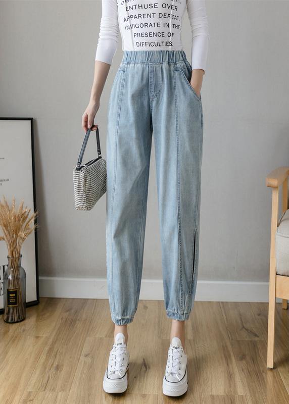 Organic Spring Casual Pants Slim Denim Blue Fashion Ideas Elastic Waist Pants - bagstylebliss