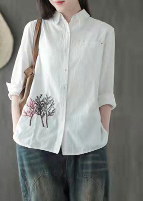 Organic White Peter Pan Collar Embroideried Cotton Shirt Top Long Sleeve