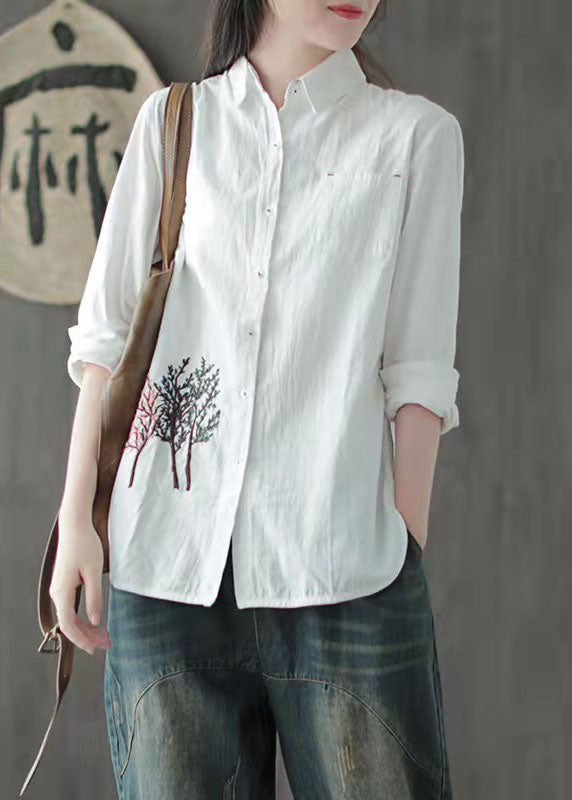 Organic White Peter Pan Collar Embroideried Cotton Shirt Top Long Sleeve