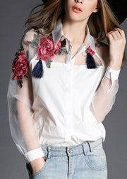 Organza White Peter Pan Collar Embroideried Floral Tulle Patchwork Cotton Shirts Long sleeve