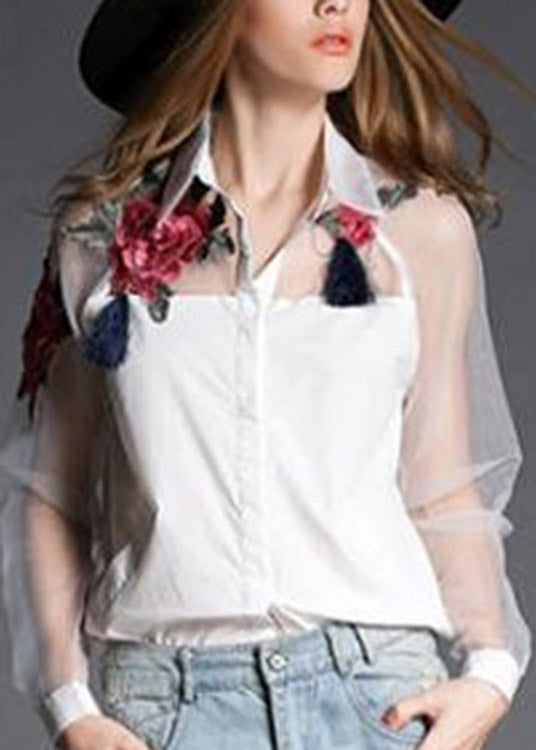 Organza White Peter Pan Collar Embroideried Floral Tulle Patchwork Cotton Shirts Long sleeve