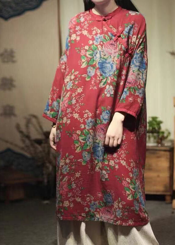 Oriental Red O-Neck Print Linen Mid Dresses Spring