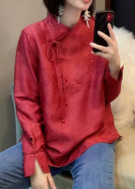 Oriental Red Stand Collar Lace up Jacquard Silk Shirts Long Sleeve