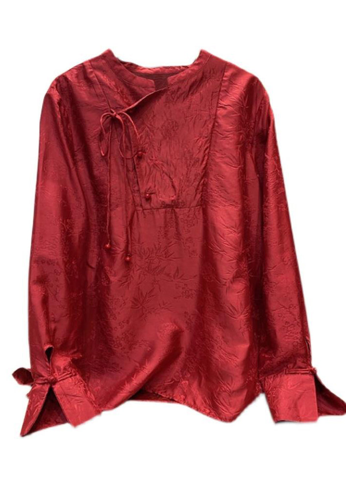 Oriental Red Stand Collar Lace up Jacquard Silk Shirts Long Sleeve