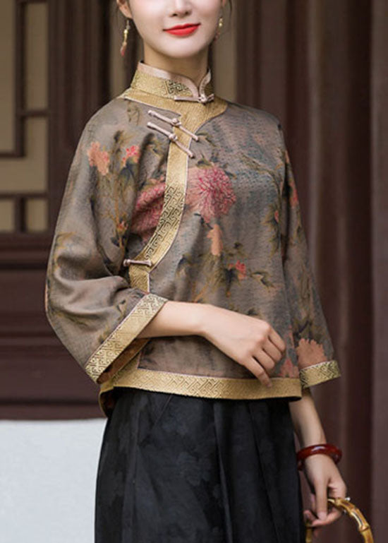 Oriental Chocolate Stand Collar button print silk Blouse Tops Spring