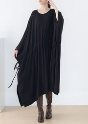 Original Black Drawstring Baggy Asymmetrical Cotton Long Dress Batwing Sleeve