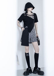 Original Design Black Asymmetrical Design Side Open Patchwork Cotton Top Short Sleeve