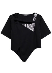 Original Design Black Asymmetrical Design Side Open Patchwork Cotton Top Short Sleeve