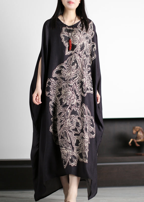 Original Design Black O-Neck Print Silk Maxi Dress Batwing Sleeve