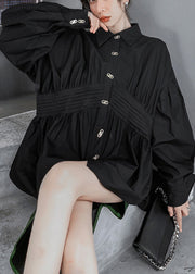 Original Design Black Peter Pan Collar Wrinkled Loose Blouses Puff Sleeve