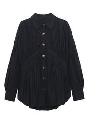 Original Design Black Peter Pan Collar Wrinkled Loose Blouses Puff Sleeve