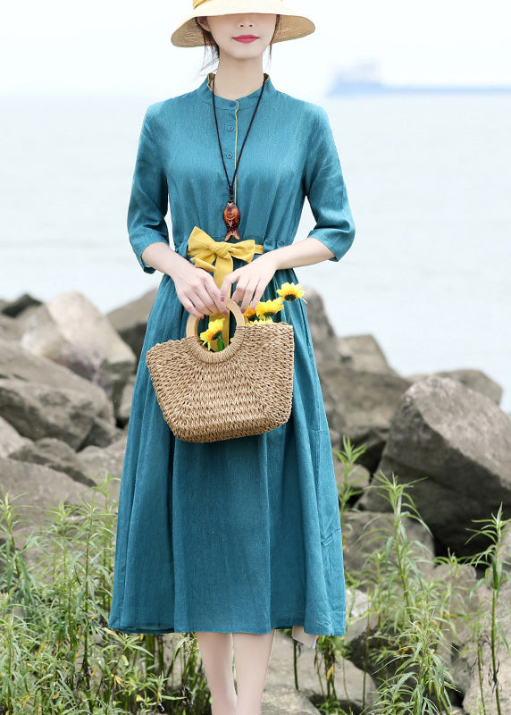 Original Design Blue Green Stand Collar Tie Waist Linen Long Dress Half Sleeve