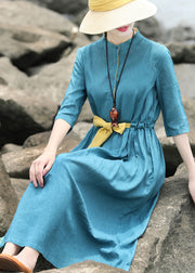 Original Design Blue Green Stand Collar Tie Waist Linen Long Dress Half Sleeve