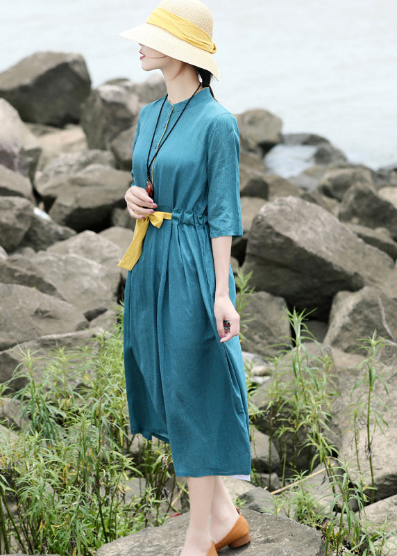 Original Design Blue Green Stand Collar Tie Waist Linen Long Dress Half Sleeve